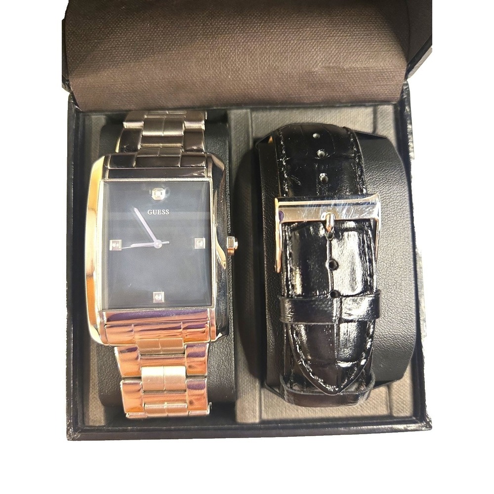 GUESS U11036G1 Men's 2-Piece Watch Set – Stainless Steel Rectangular Black Dial‎